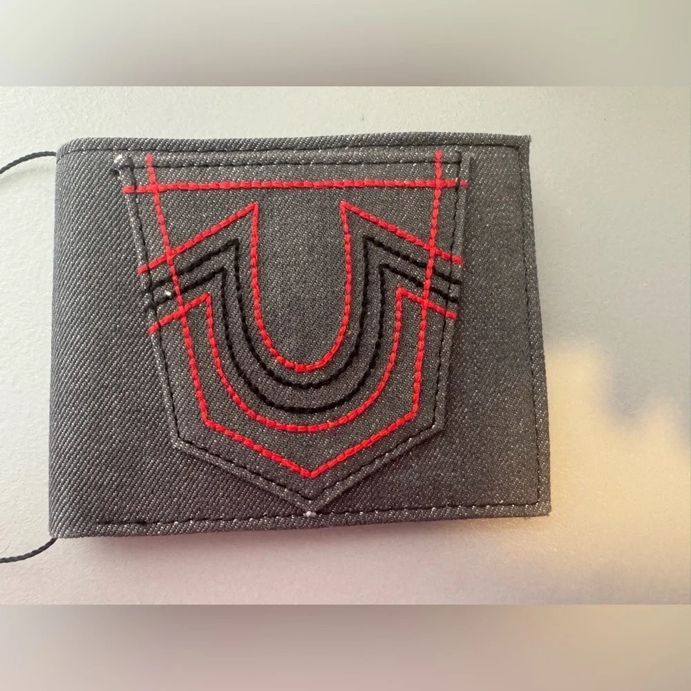 True Religion Reece horseshoes bifold wallet leather RFID Black and Red Wallet